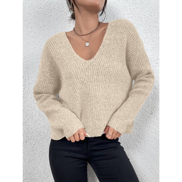 V neck Drop Shoulder Ribbed Knit Sweater black oversized - Picture 6 of 8